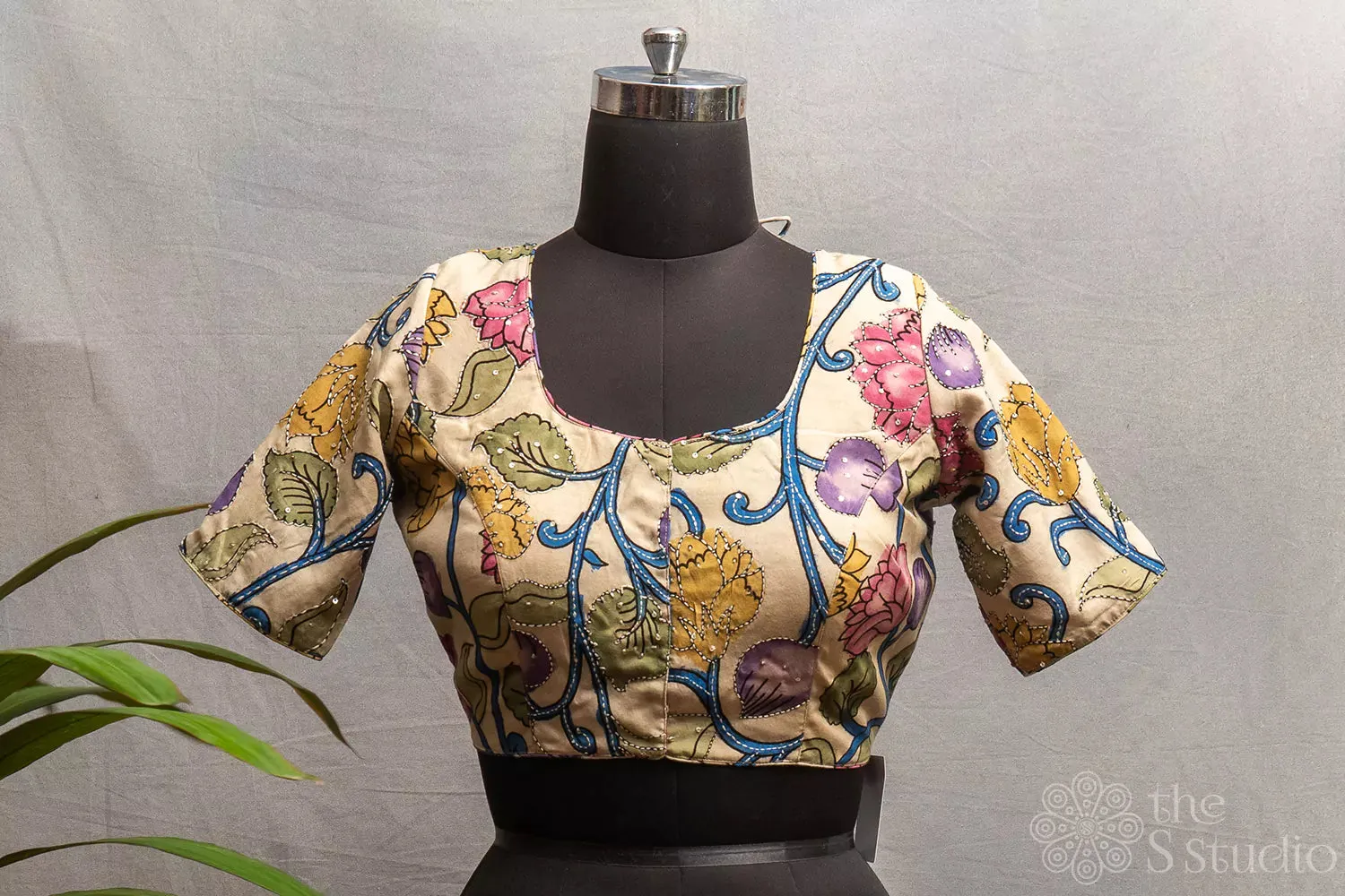 Beige hand-painted Kalamkari silk readymade blouse