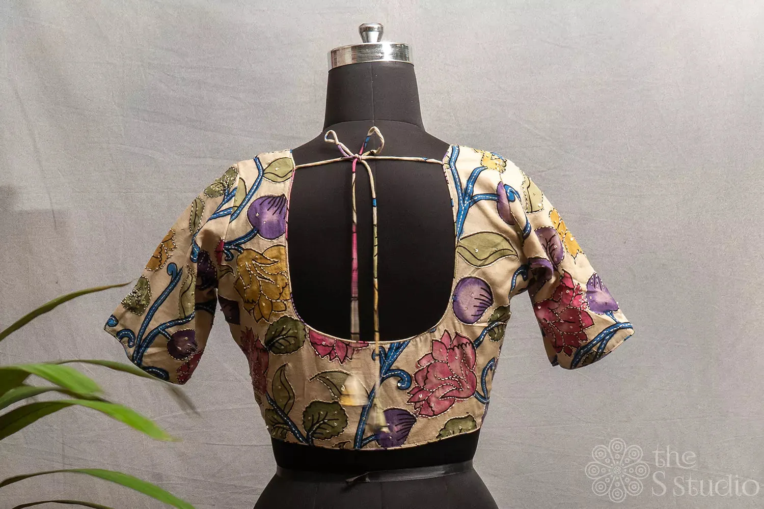 Beige hand-painted Kalamkari silk readymade blouse