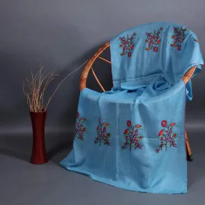 Birds of Paradise Sozni Aqua Blue Base Pashmina Stole