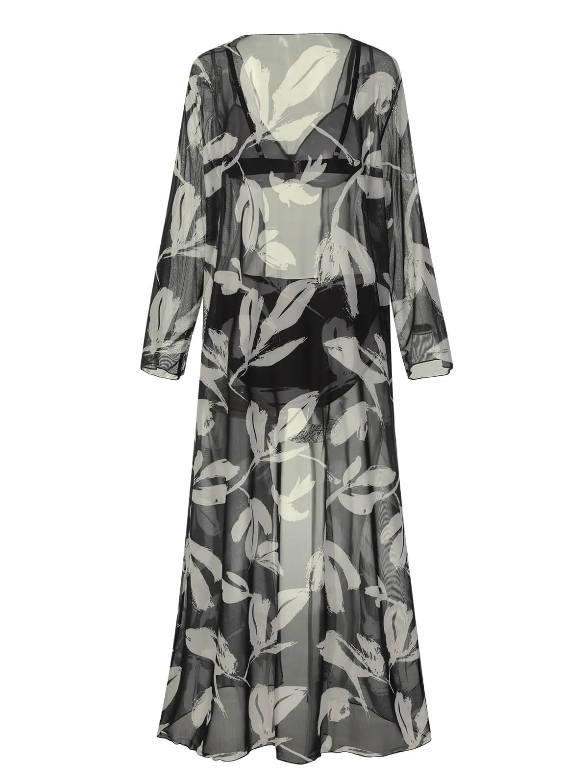 Black 1970s Leaves Strap Bikini & Long Cover-Up