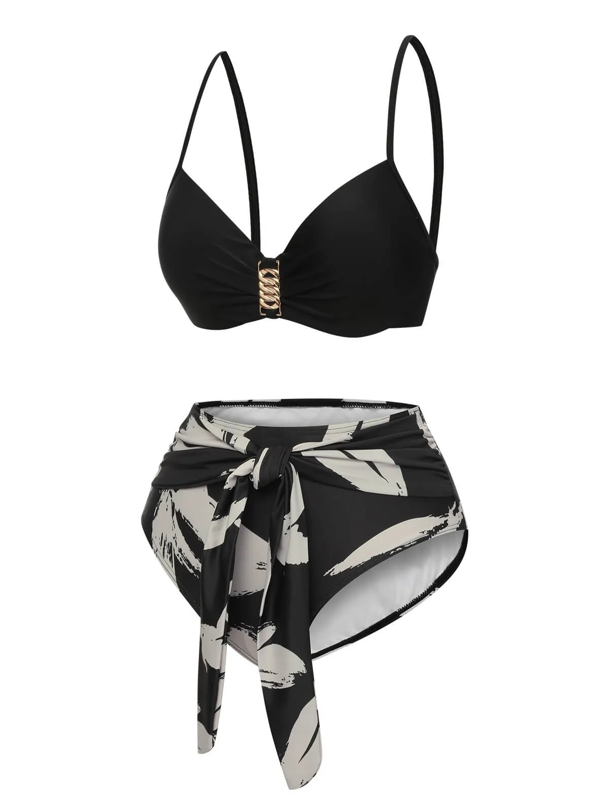 Black 1970s Leaves Strap Bikini & Long Cover-Up