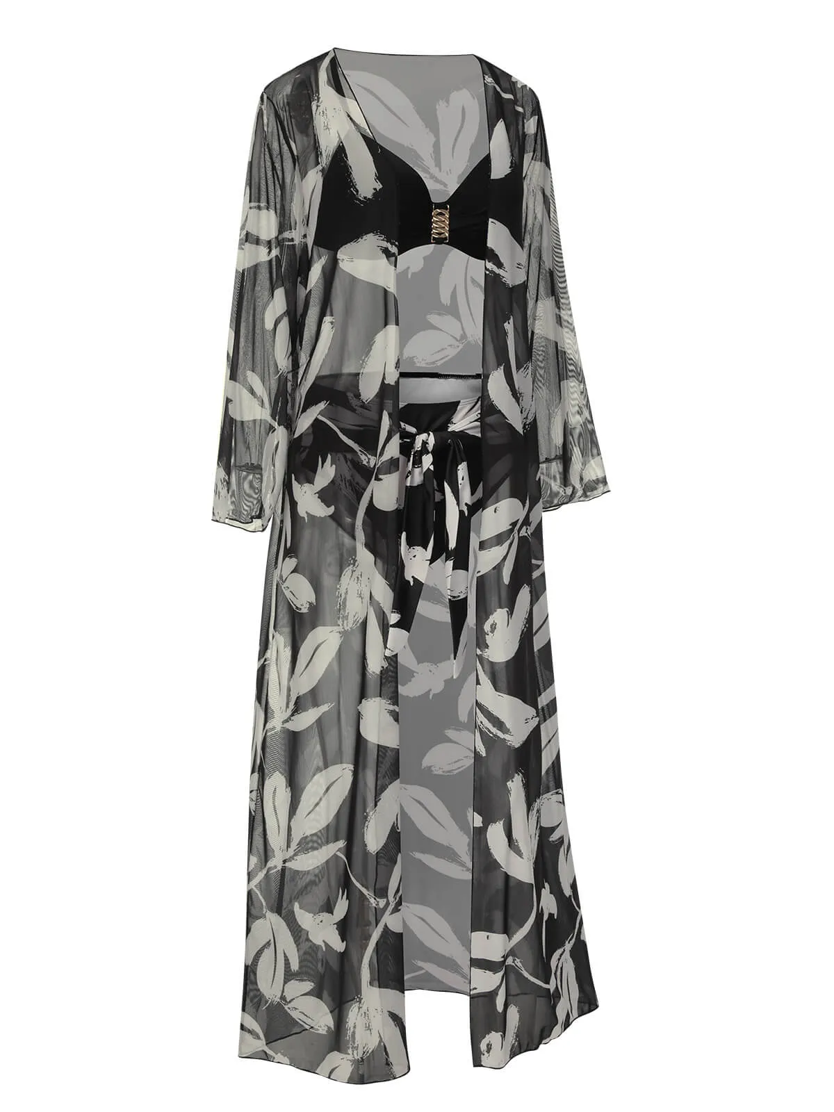 Black 1970s Leaves Strap Bikini & Long Cover-Up