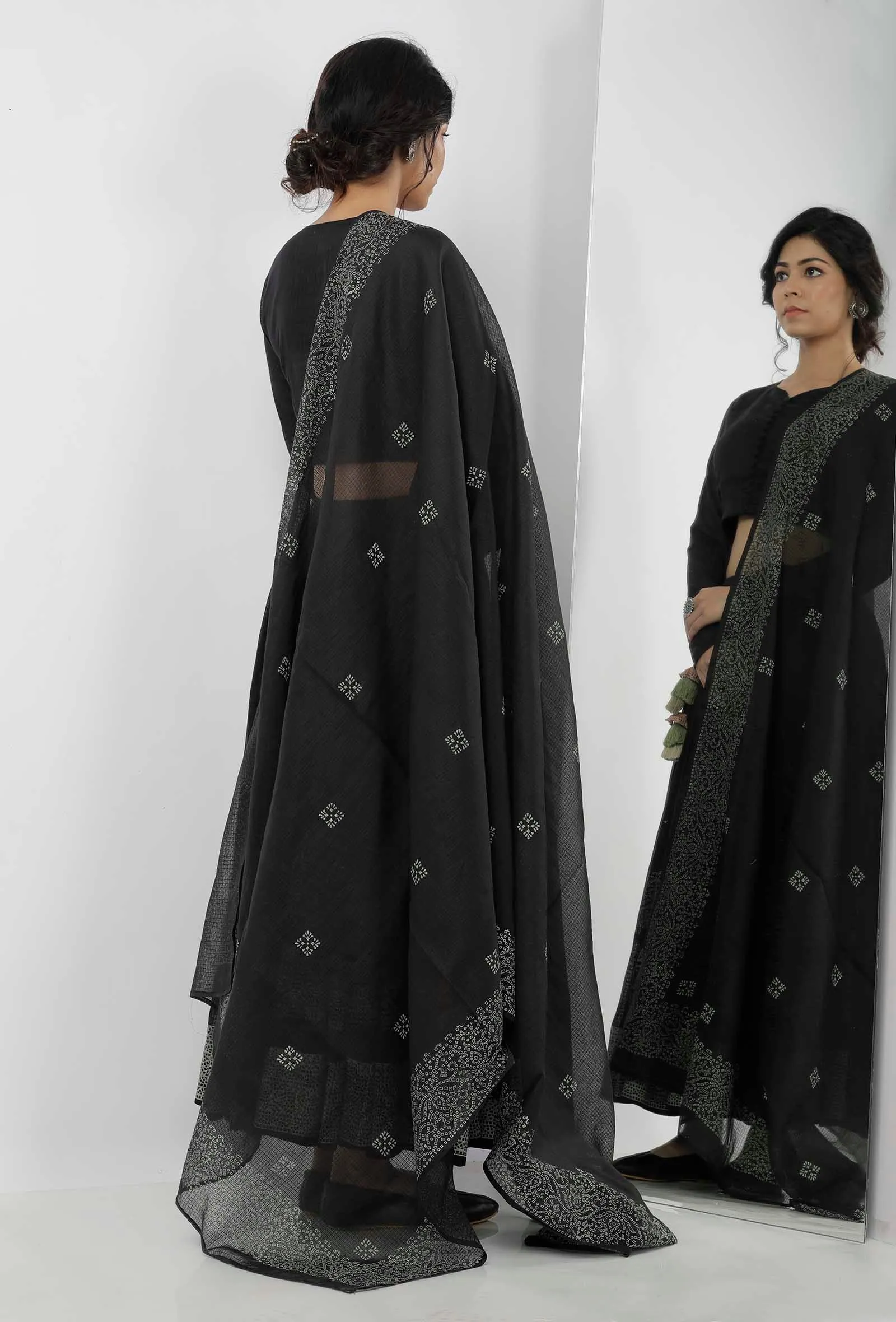 Black and White Buti Hand Block Printed Kota Dupatta