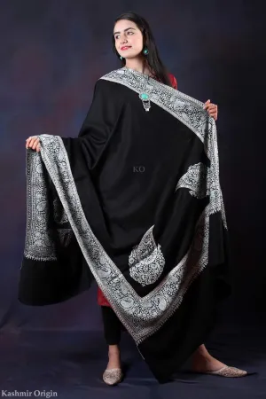 Black Base Tilla and Sozni Embroidered Handwoven Pashmina Shawl