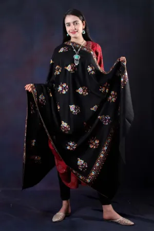 Black Bootidar Sozni Embroidered Handwooven Pashmina shawl