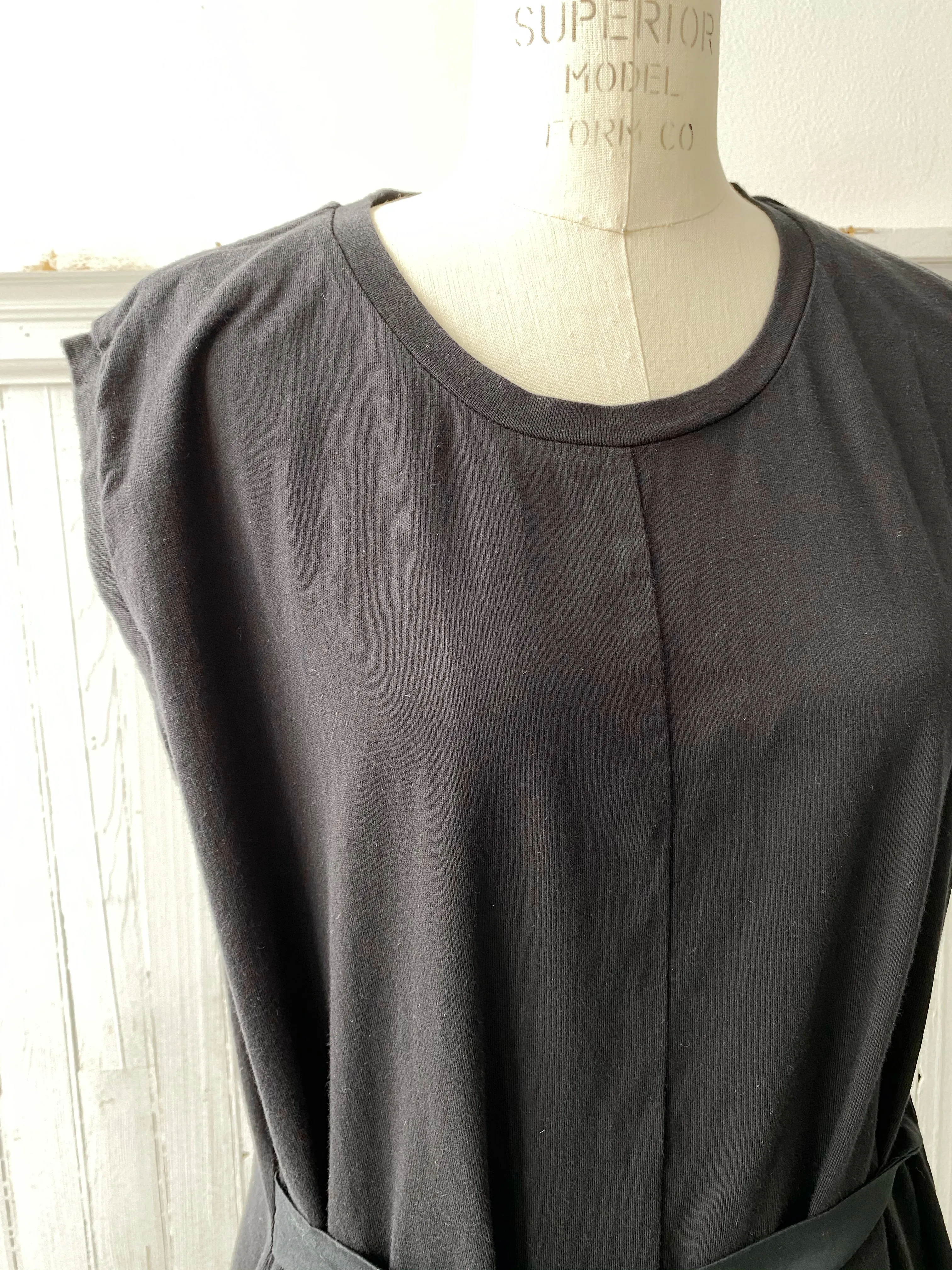 black cotton jersey and organdy t-shirt tie dress