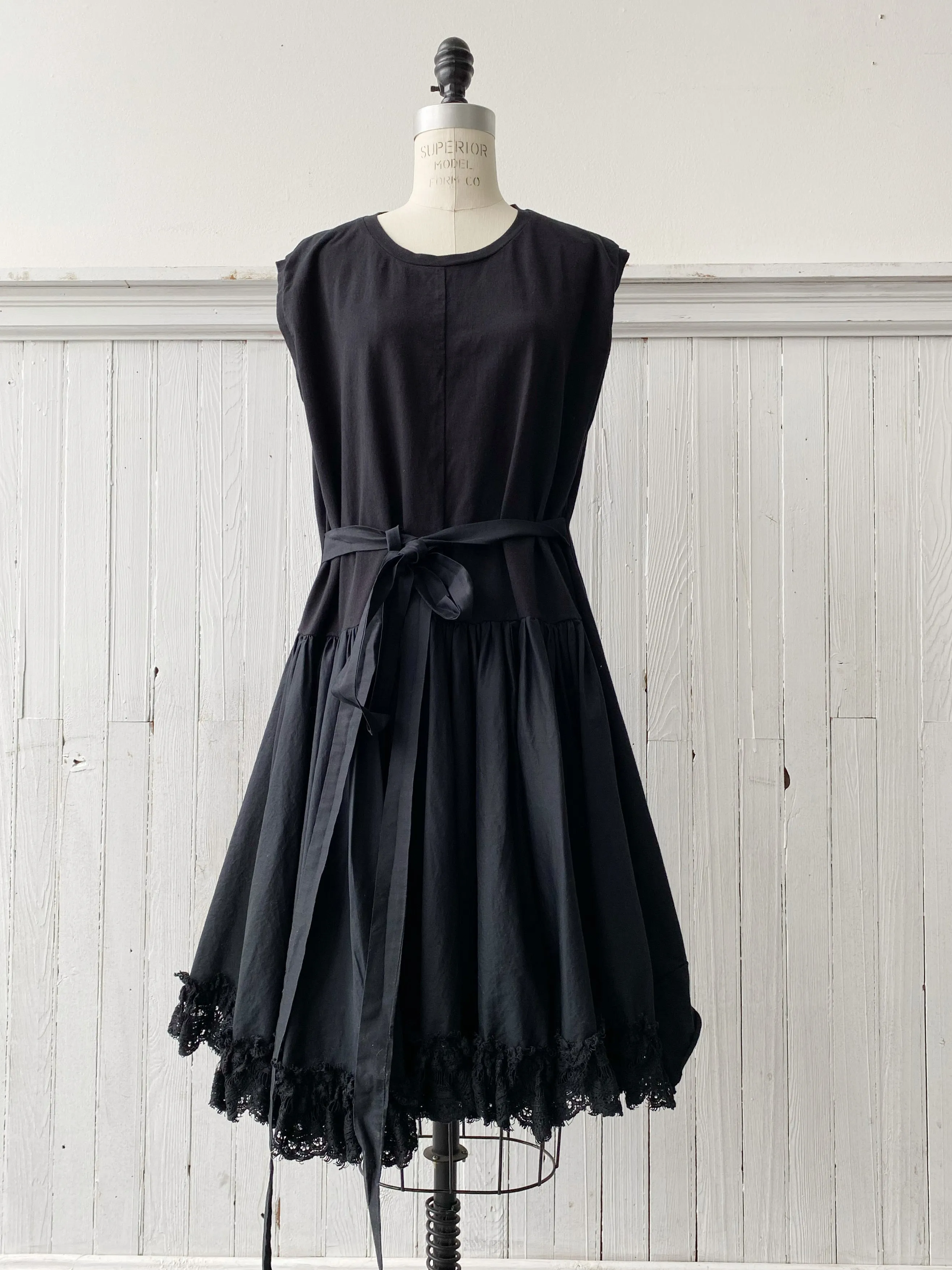 black cotton jersey and organdy t-shirt tie dress