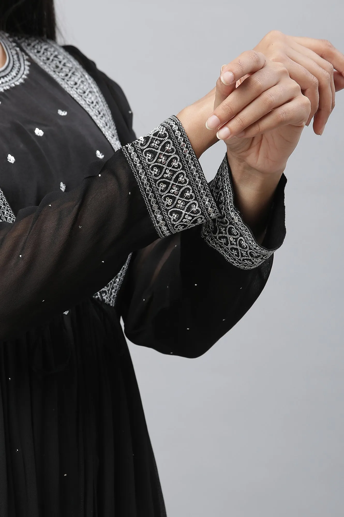 Black Embroidered Sheer Gilet, Kurta and Pants Set