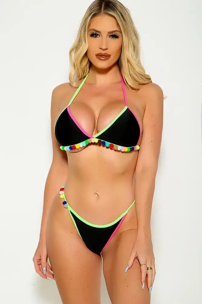 Black Green Color Block High Neck Padded Two Piece Swimsuit