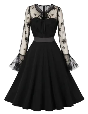 Black Semi Sheer Flower Embroidered 1950s Vintage Dress