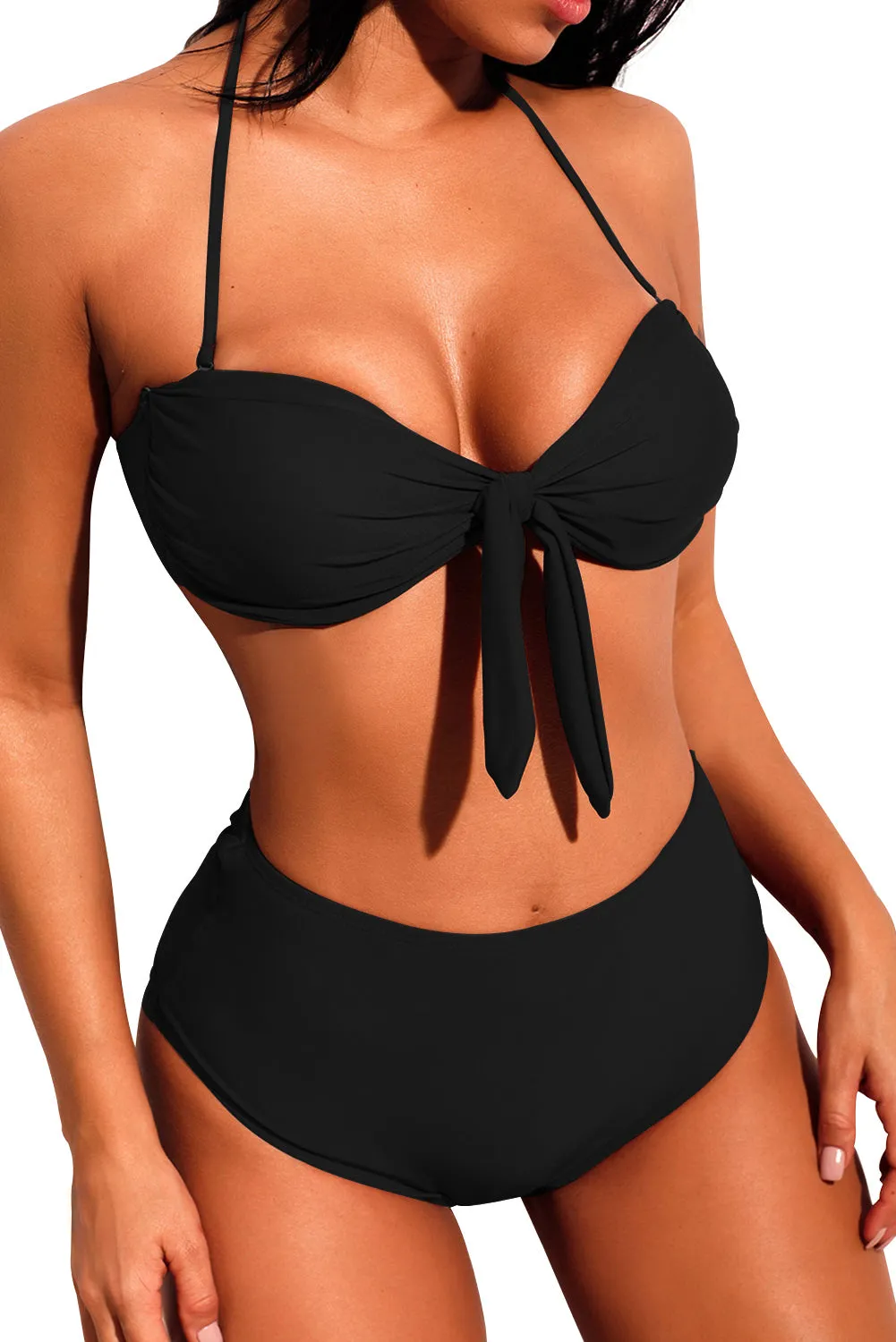 Black Tie-front Halter Bikini High Waist Swimsuit