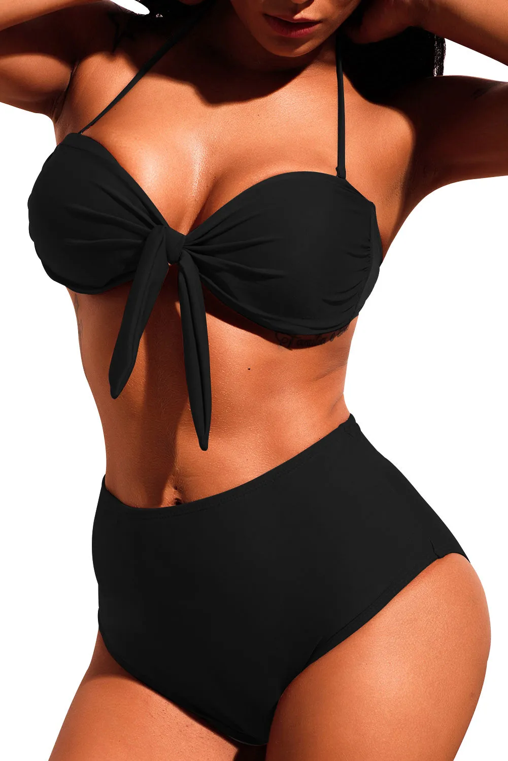 Black Tie-front Halter Bikini High Waist Swimsuit
