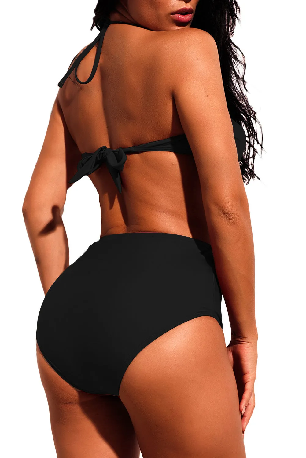Black Tie-front Halter Bikini High Waist Swimsuit