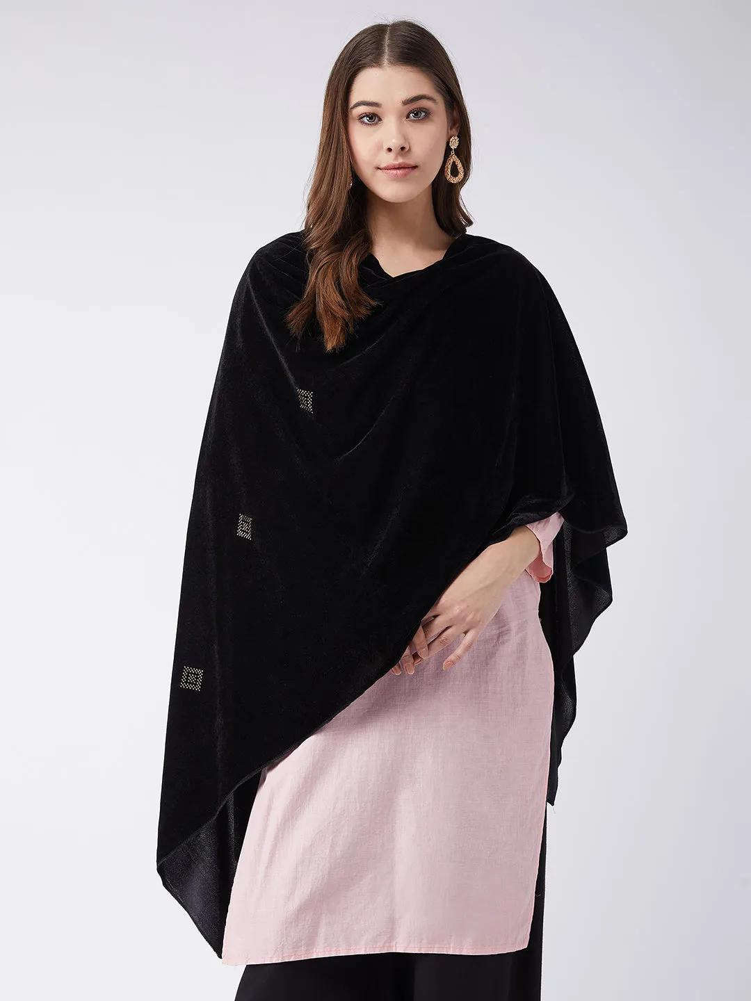Black Velvet Shawl with Faux Crystals