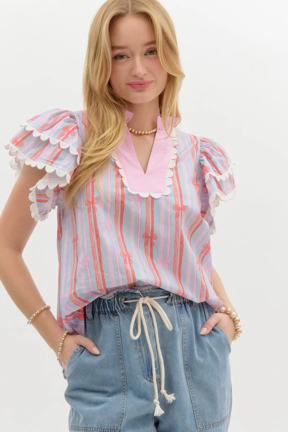 Blue & Pink Bow Blouse
