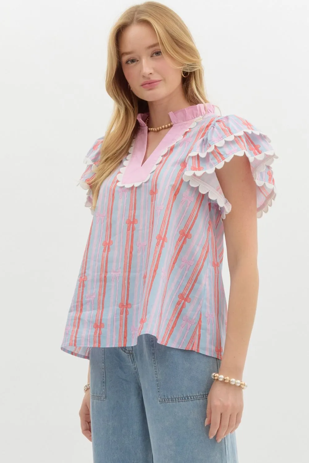 Blue & Pink Bow Blouse