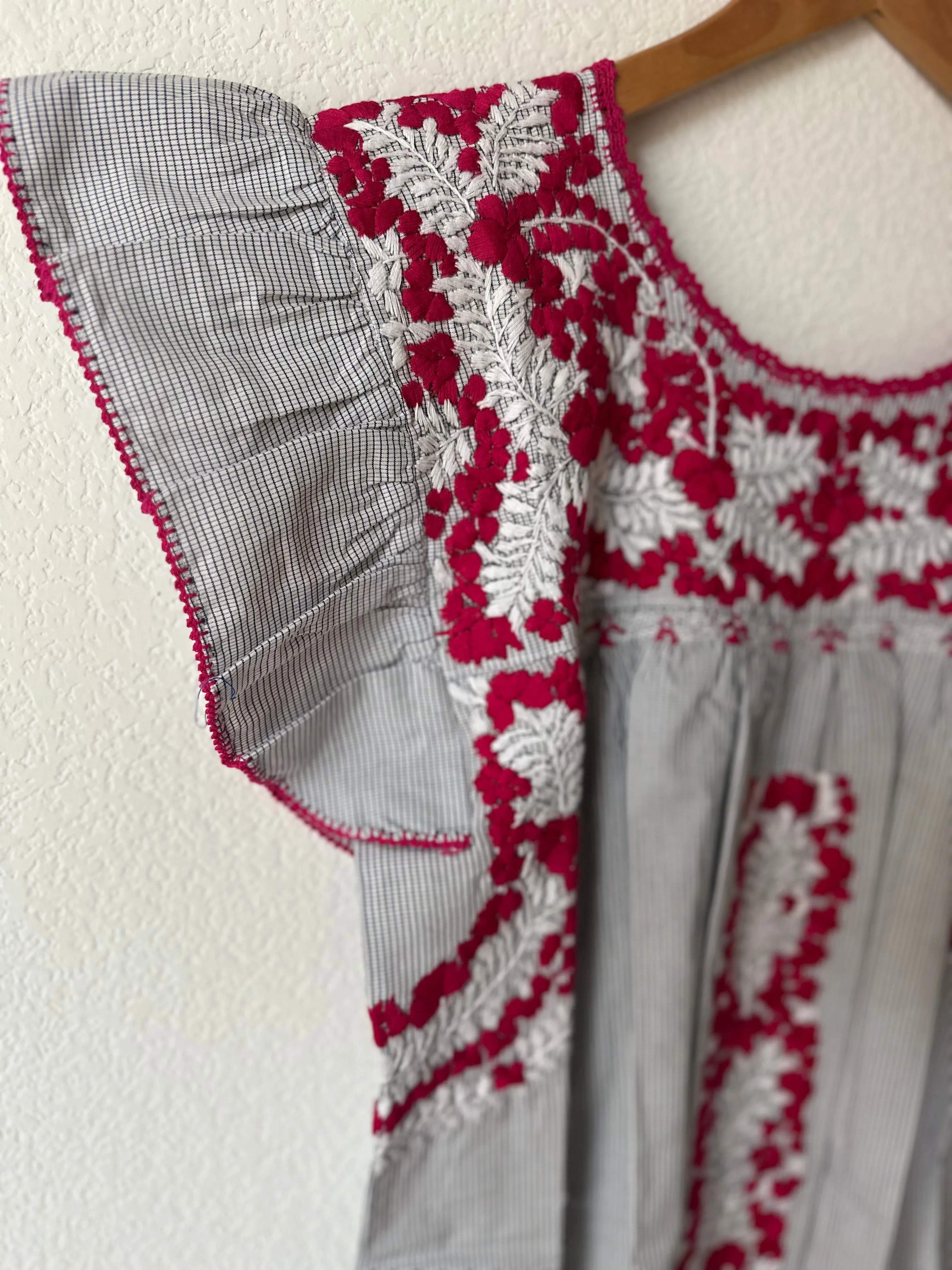 Blue and White Check with Magenta and White  Embroidery Flutter Sleeve Felicia Blouse