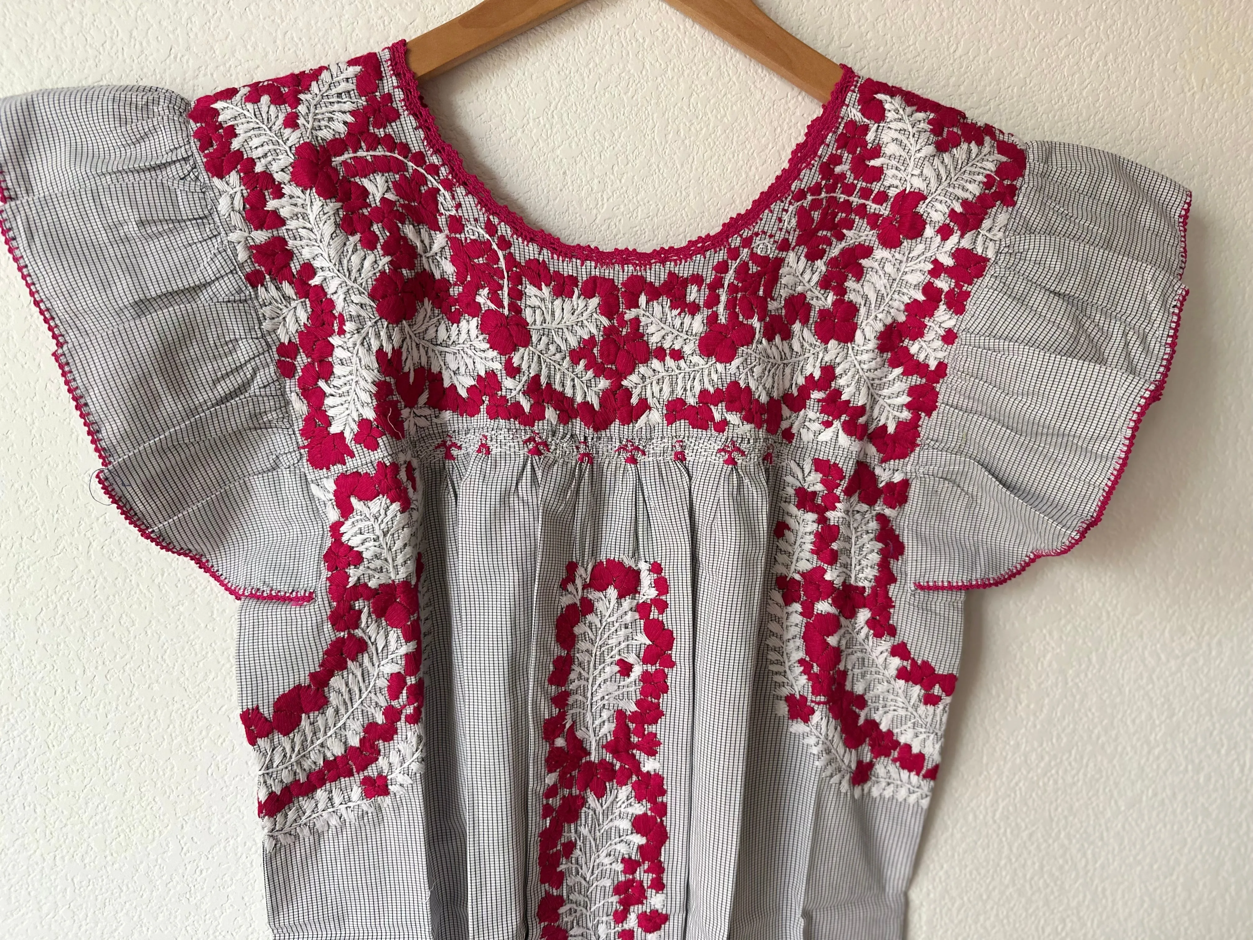 Blue and White Check with Magenta and White  Embroidery Flutter Sleeve Felicia Blouse