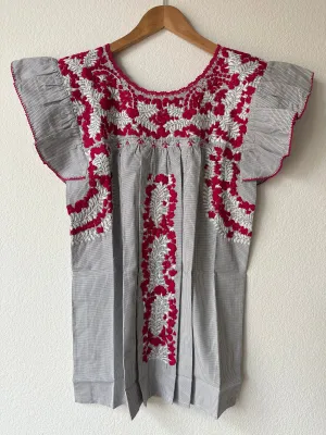 Blue and White Check with Magenta and White  Embroidery Flutter Sleeve Felicia Blouse
