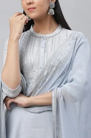 Blue Embellished Festive Kurta, Trousers and Dupatta Set