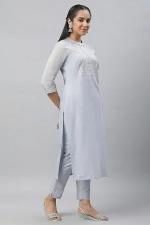 Blue Embellished Festive Kurta, Trousers and Dupatta Set