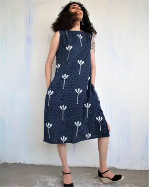 Blue Floral Blockprited Cotton Sleeveless Dress