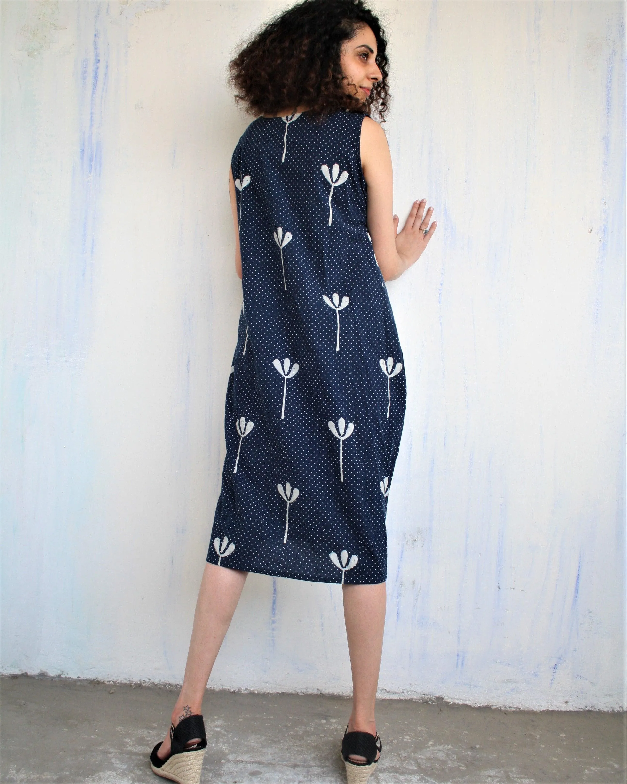 Blue Floral Blockprited Cotton Sleeveless Dress