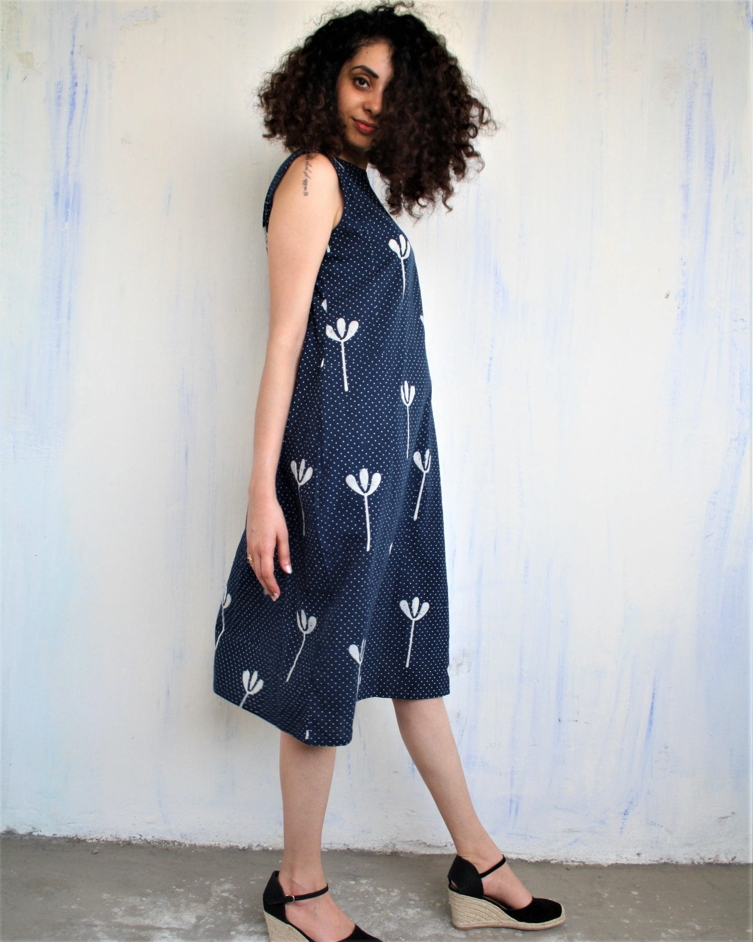 Blue Floral Blockprited Cotton Sleeveless Dress