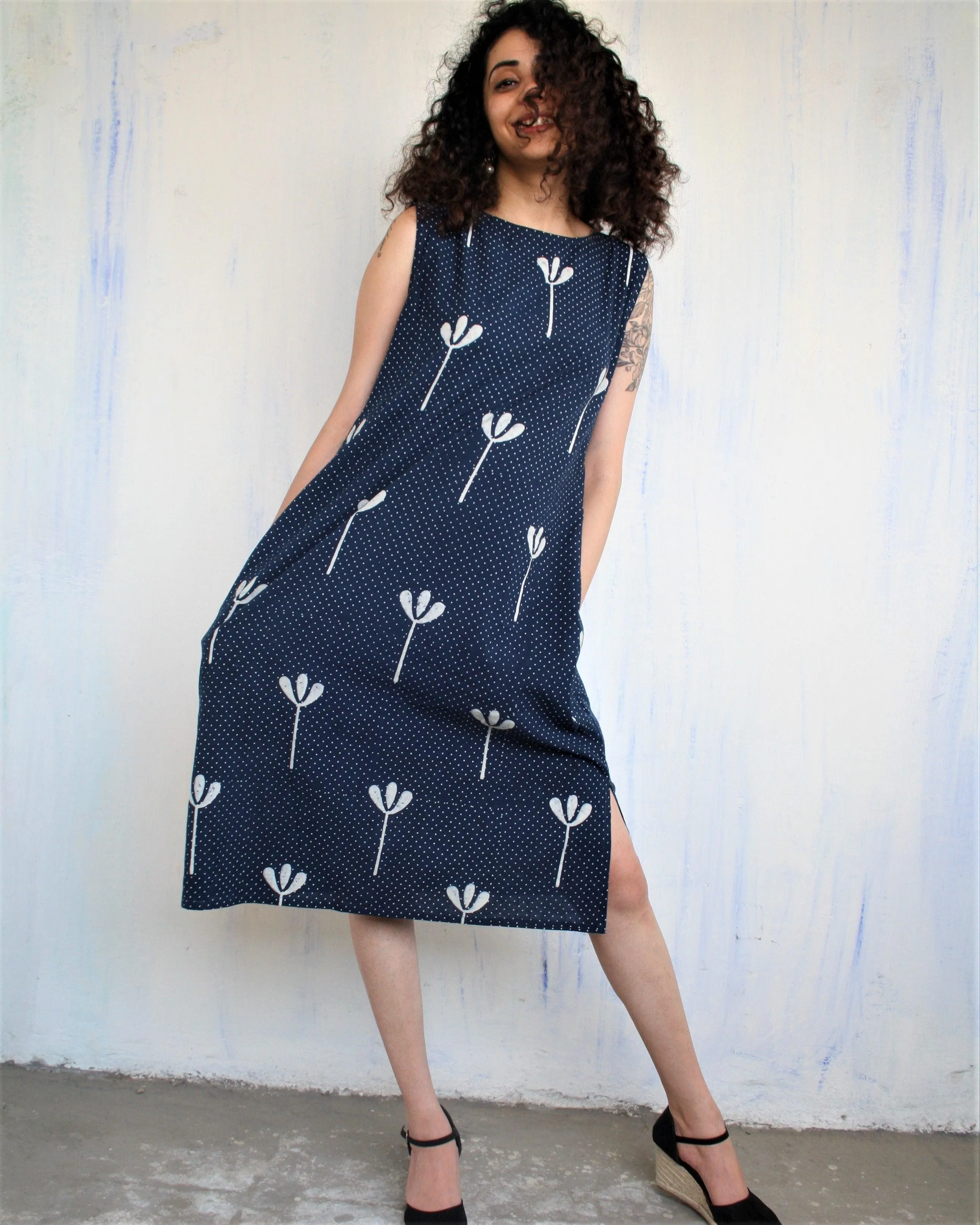 Blue Floral Blockprited Cotton Sleeveless Dress