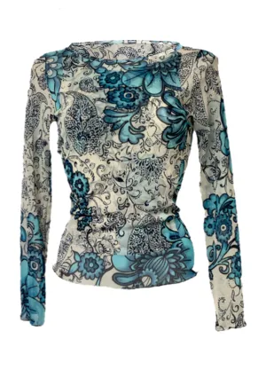 BLUE FLORAL MESH SLEEVED TOP