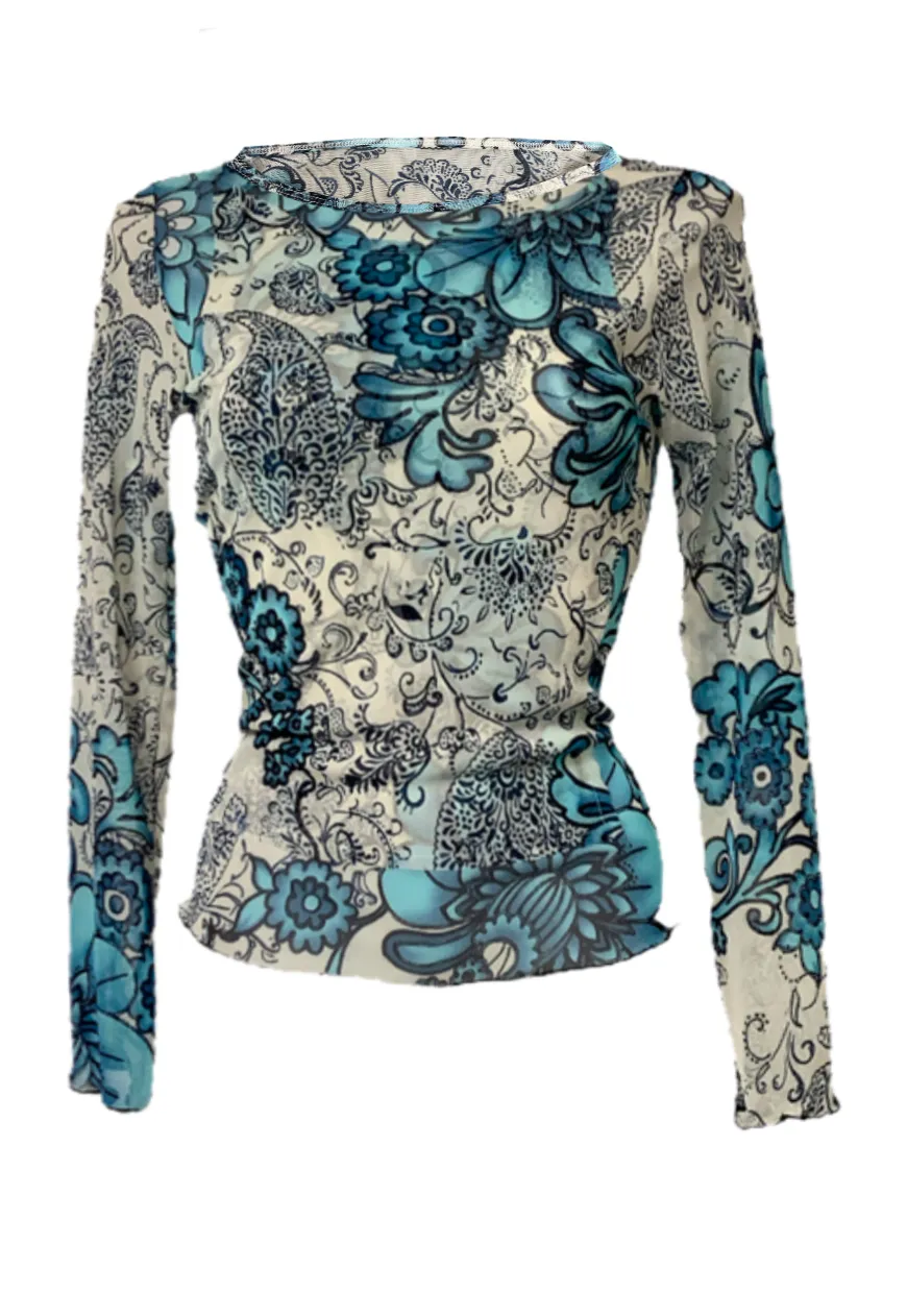 BLUE FLORAL MESH SLEEVED TOP
