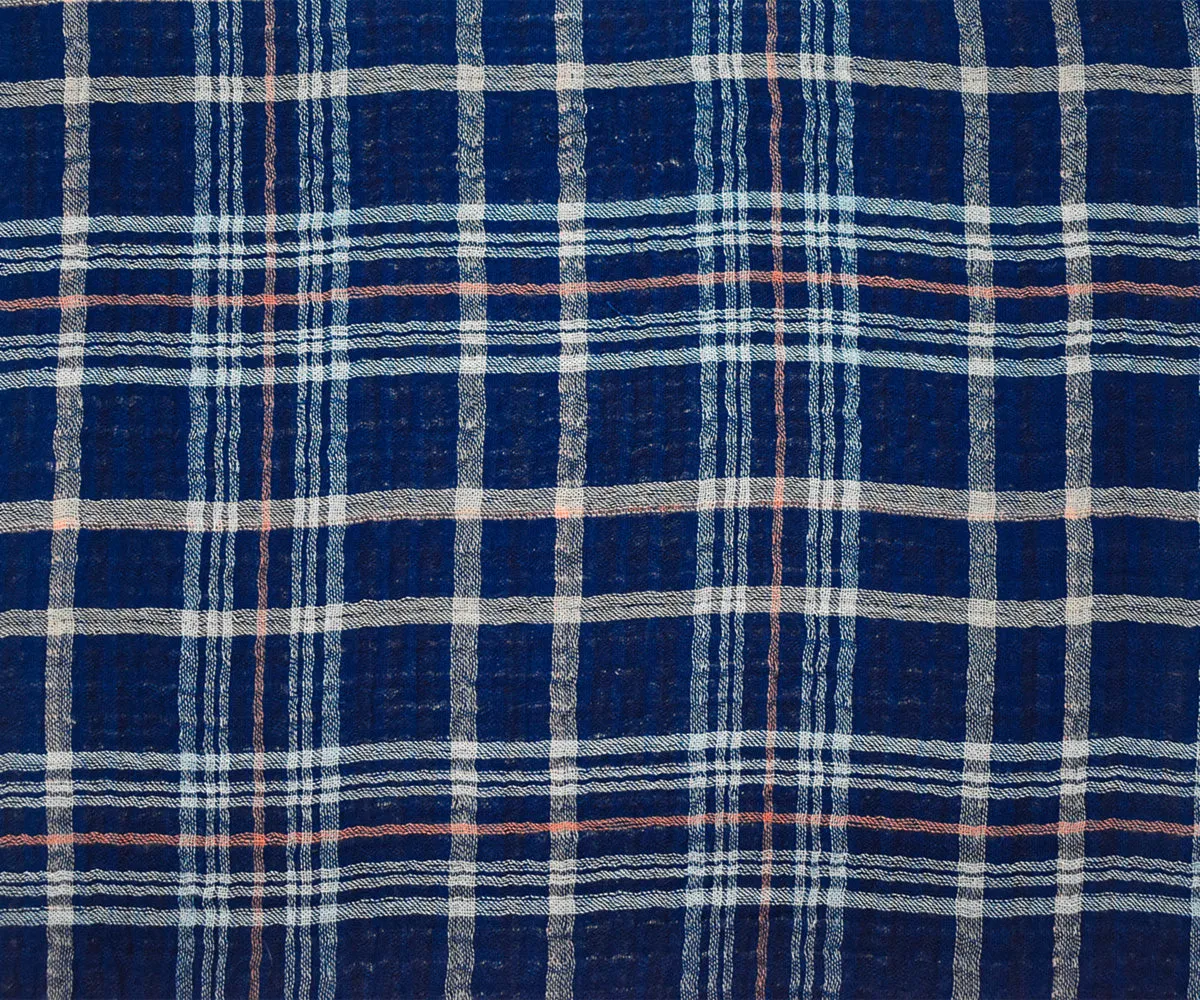 Blue-Multi Famous Maker Cotton Plaid Crinkled Double Gauze Woven Fabric