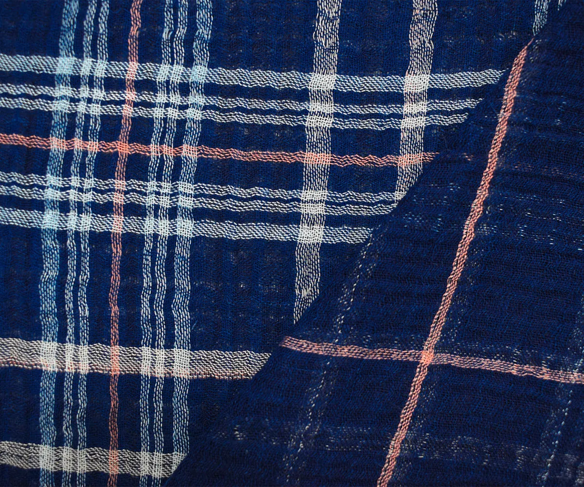Blue-Multi Famous Maker Cotton Plaid Crinkled Double Gauze Woven Fabric