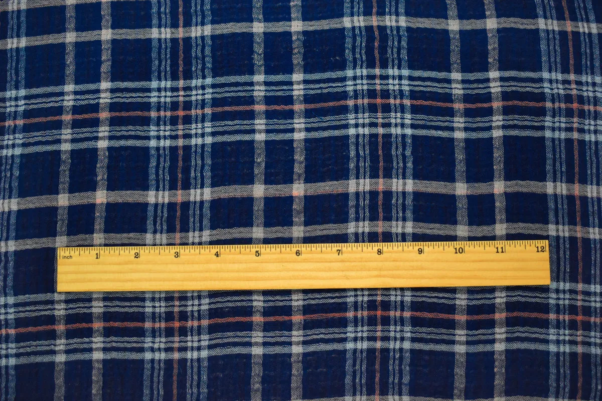 Blue-Multi Famous Maker Cotton Plaid Crinkled Double Gauze Woven Fabric