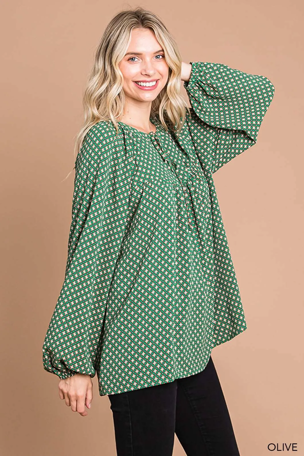 Boho Tile Print Bubble Sleeve Women's Blouse cotton blue