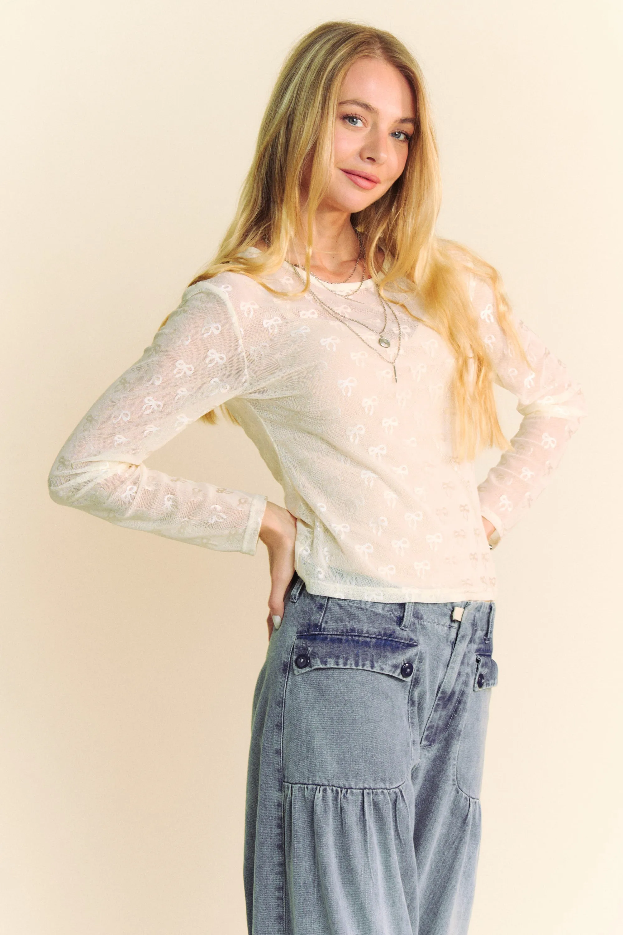 Bow Embroidered LS Sheer Mesh