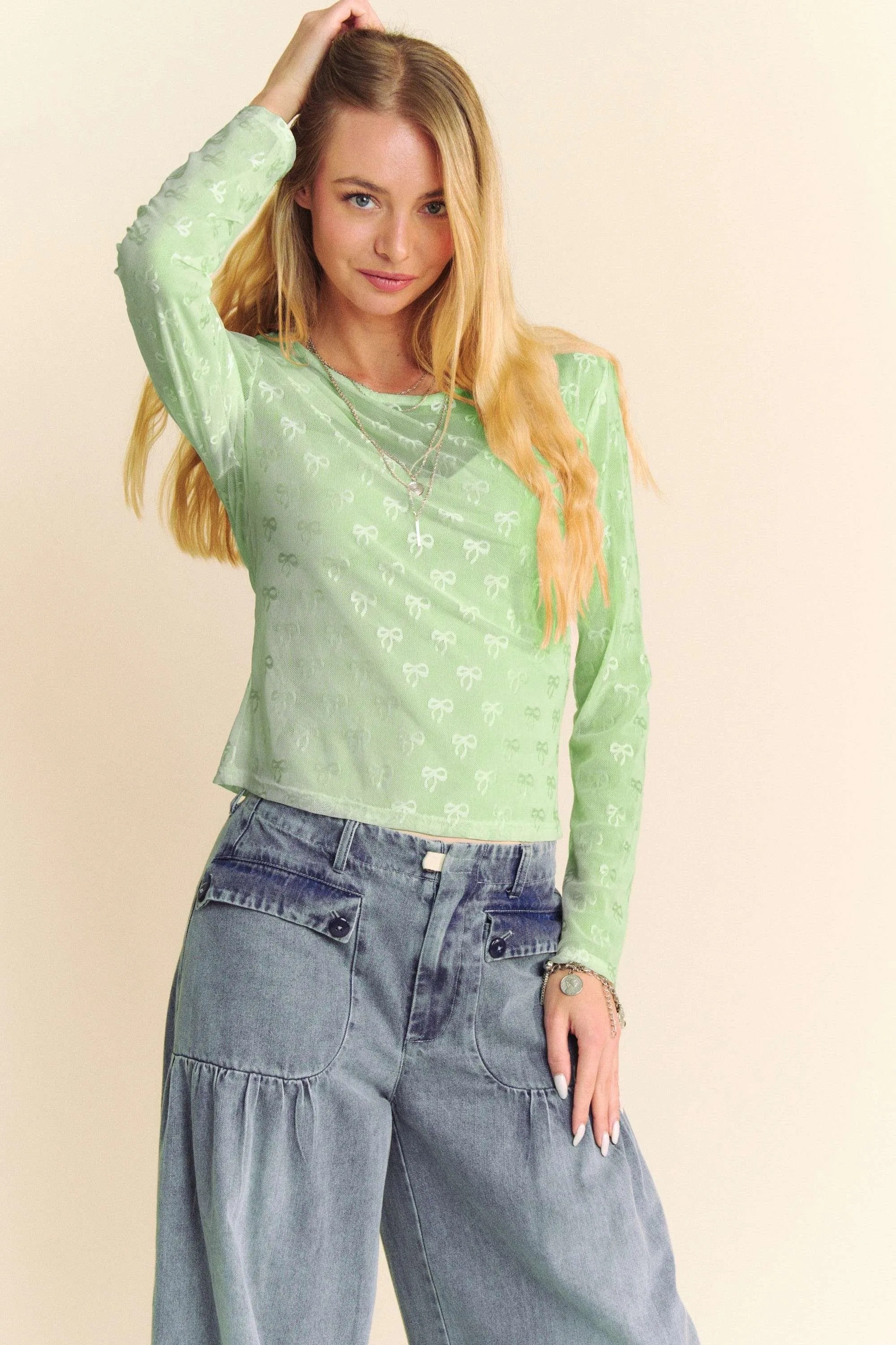 Bow Embroidered LS Sheer Mesh