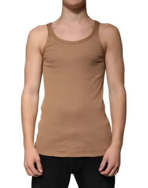 Brown Cotton Sleeveless Round Neck Tank T-shirt