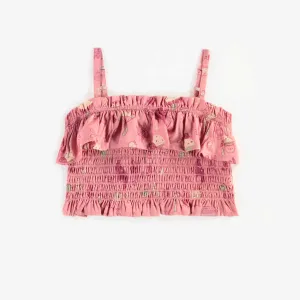 Camisole courte à nid d’abeille rose en viscose, enfant ||Pink short honeycomb tank top in viscose, child