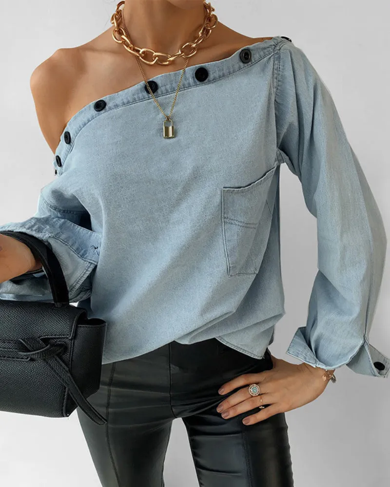 Casual One Shoulder Botton Collar Denim Shirt Blouses