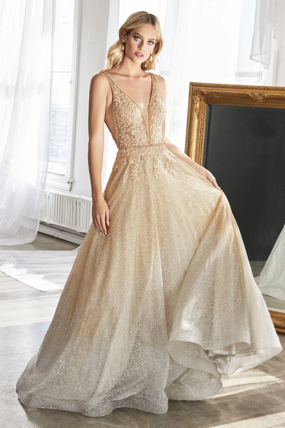 CD CD208 - Glittery Gold to Silver Ombre Ball Gown with Sheer Lace & Rhinestone Embroidered V-Neck Bodice