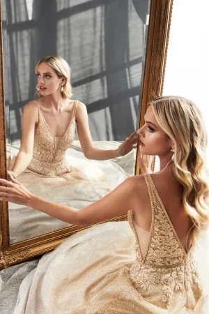 CD CD208 - Glittery Gold to Silver Ombre Ball Gown with Sheer Lace & Rhinestone Embroidered V-Neck Bodice