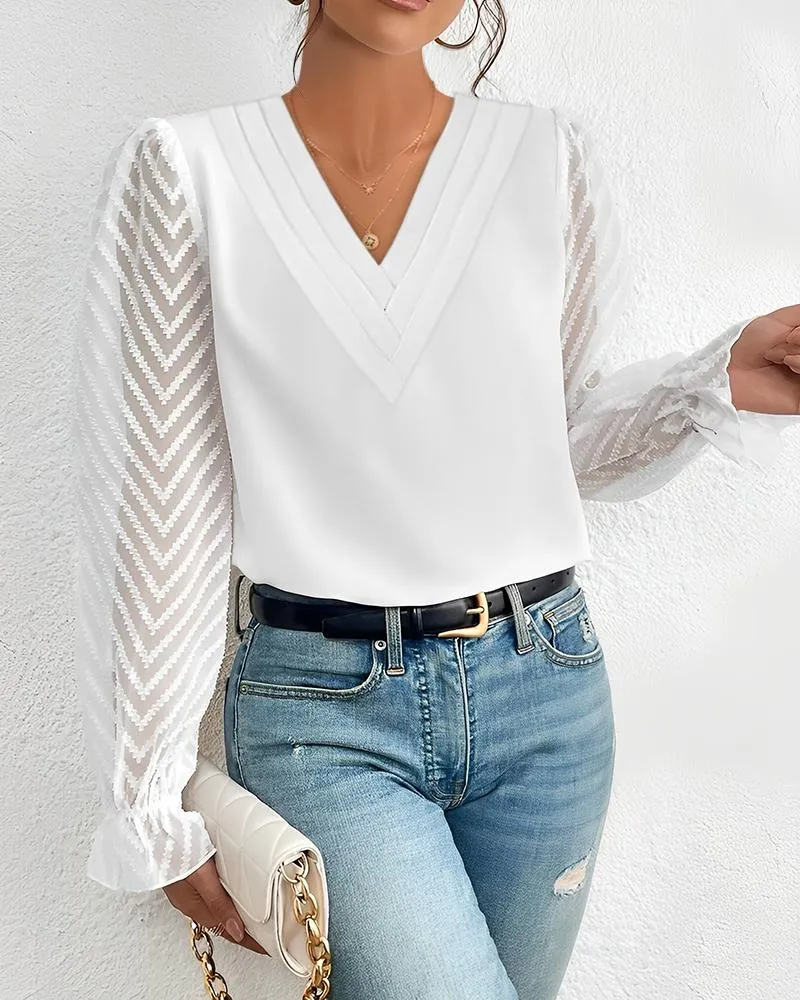 Chevron Pattern Sheer Mesh Long Sleeve Top