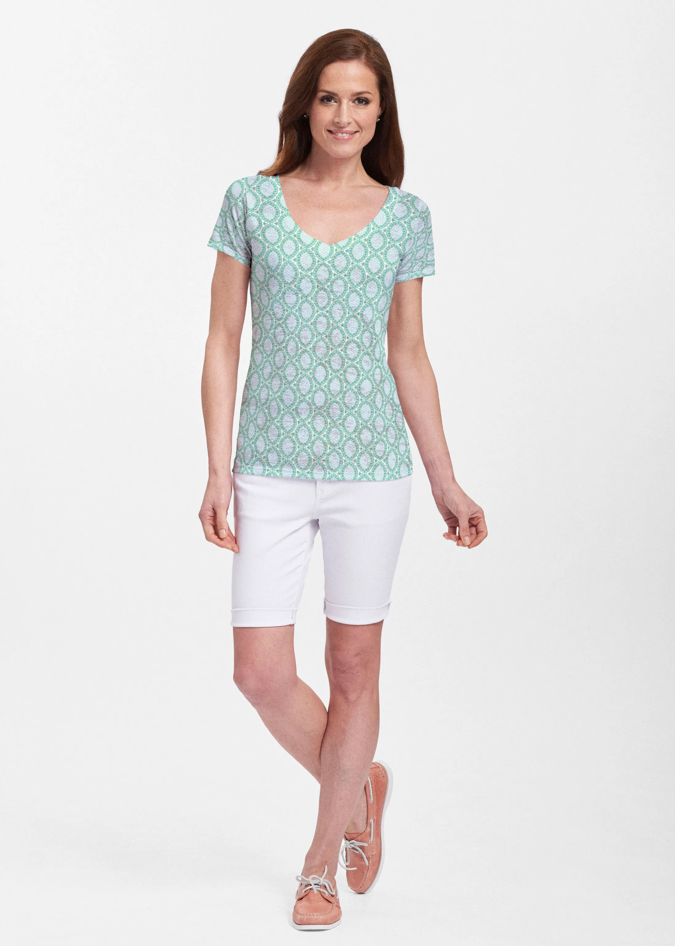 Coastal Lace Green (7686) ~ Sheer Short Sleeve V-Neck Shirt