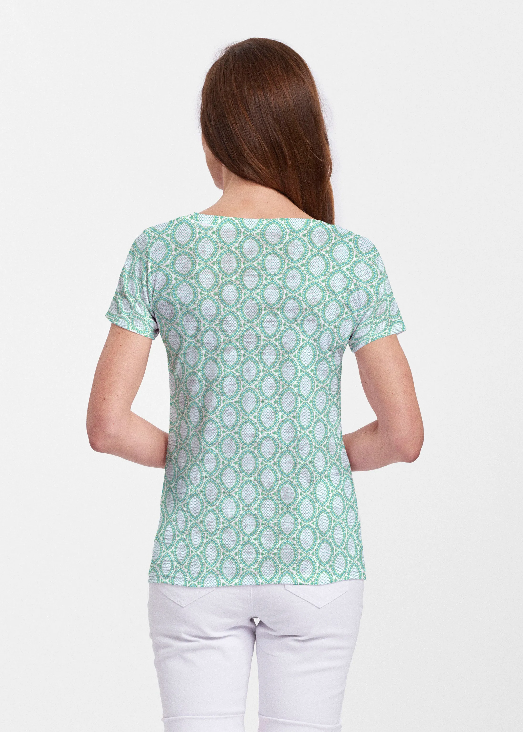 Coastal Lace Green (7686) ~ Sheer Short Sleeve V-Neck Shirt