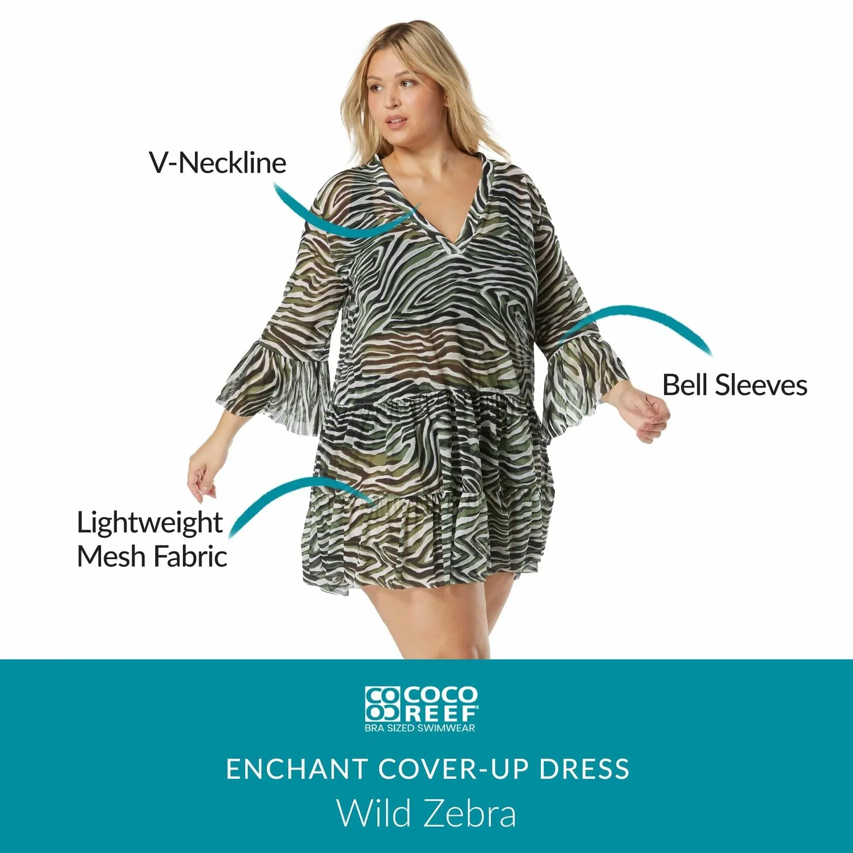 COCO REEF Enchant Swimsuit Cover Up — Babydoll Beach Dress — Zebra Animal, Large