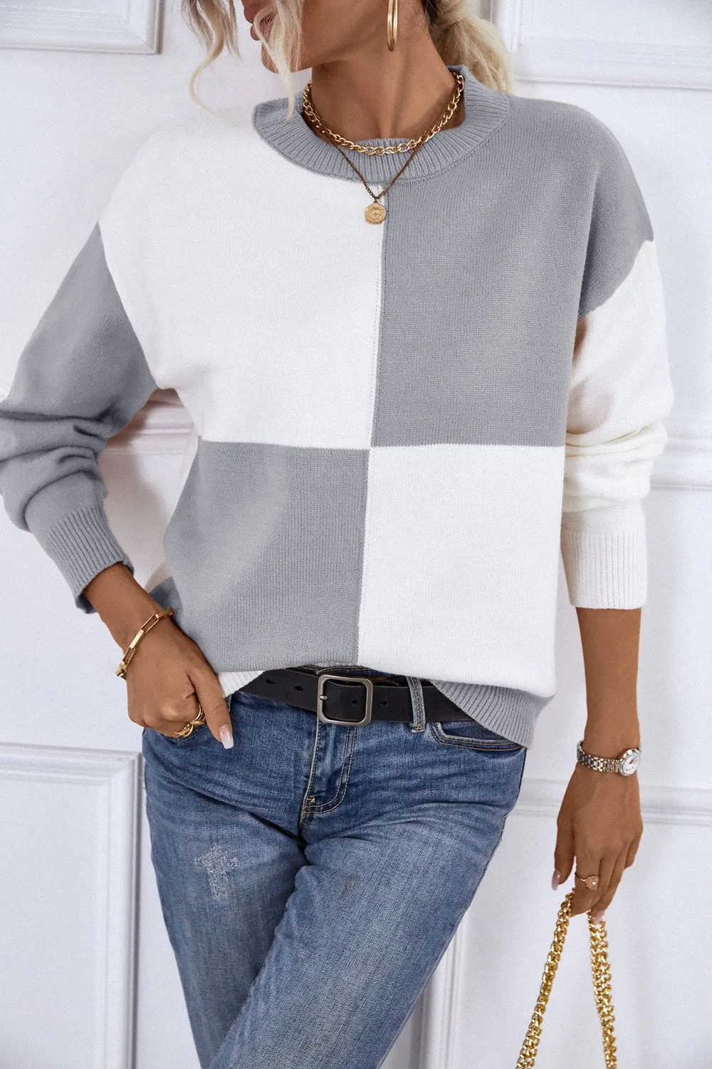 Color Block Ribbed Trim Dropped Shoulder Knit Pullover