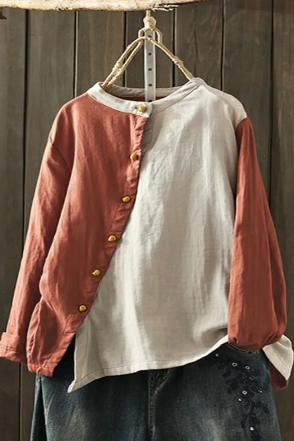 Color Contrast Cotton Irregular Blouse