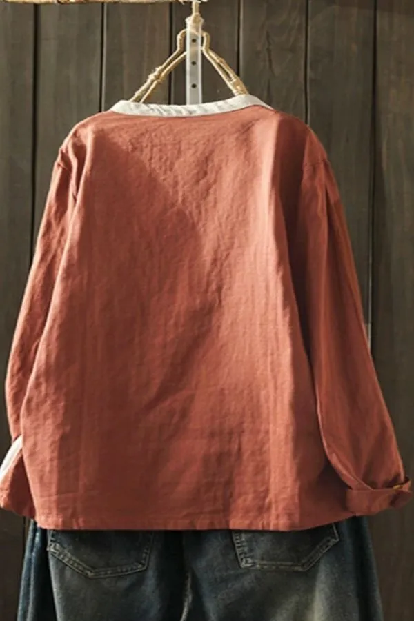 Color Contrast Cotton Irregular Blouse