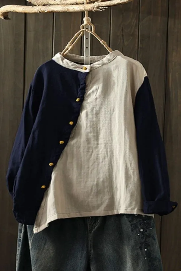 Color Contrast Cotton Irregular Blouse